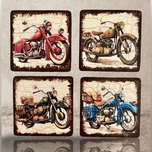 Handmade Distressed Vintage Motorcycle Wood Coasters - Set of 4